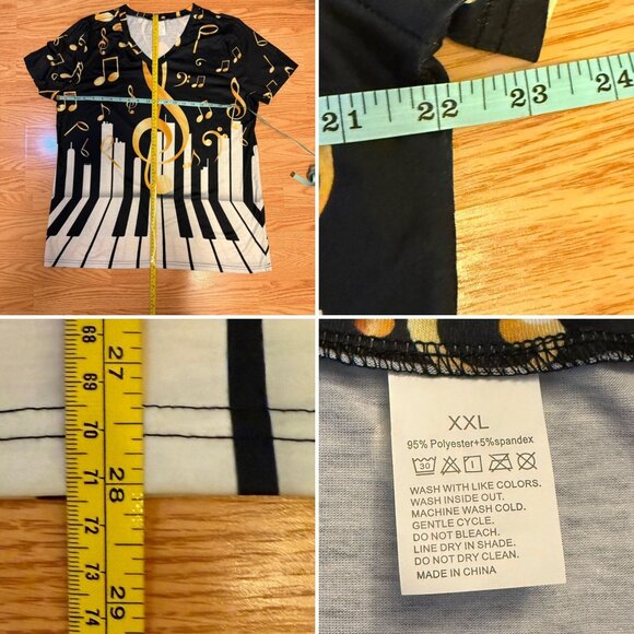 Womens Piano Keys Music Notes Graphic Tee Size XXL Black Gold V Neck Shirt Singe - Picture 6 of 8